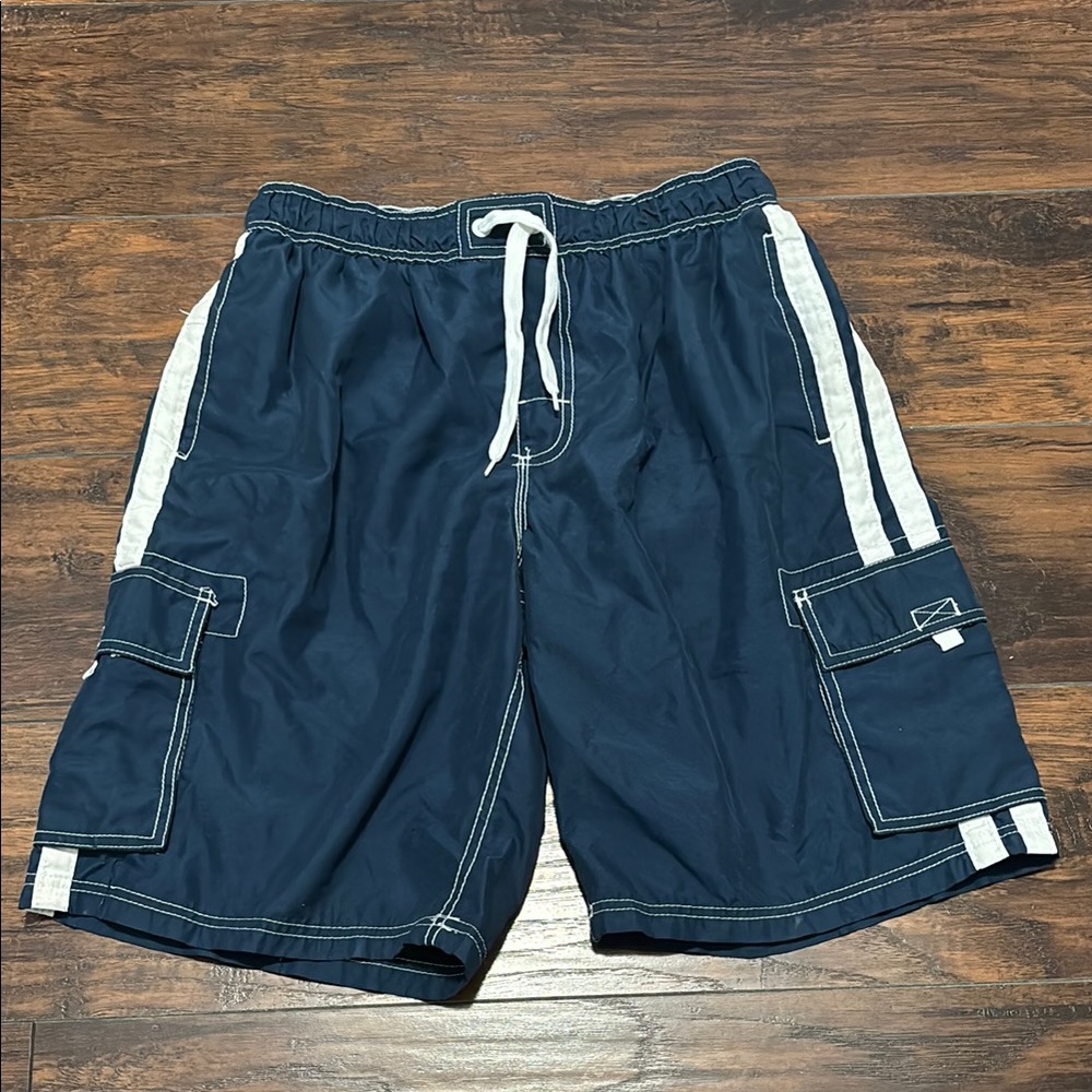 Navy Blue Swim Trunks with White Accents